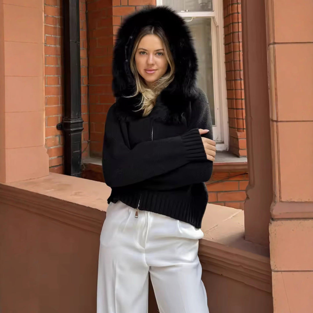Damen Strickjacke mit luxuriösem Kunstfellkragen und Reißverschluss Drune