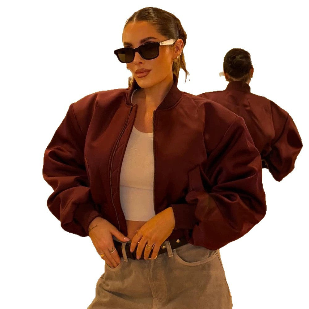 Damen Kurzer Satin‑Bomber mit kastiger Silhouette, Pattentaschen und elastischem Bündchen Drune