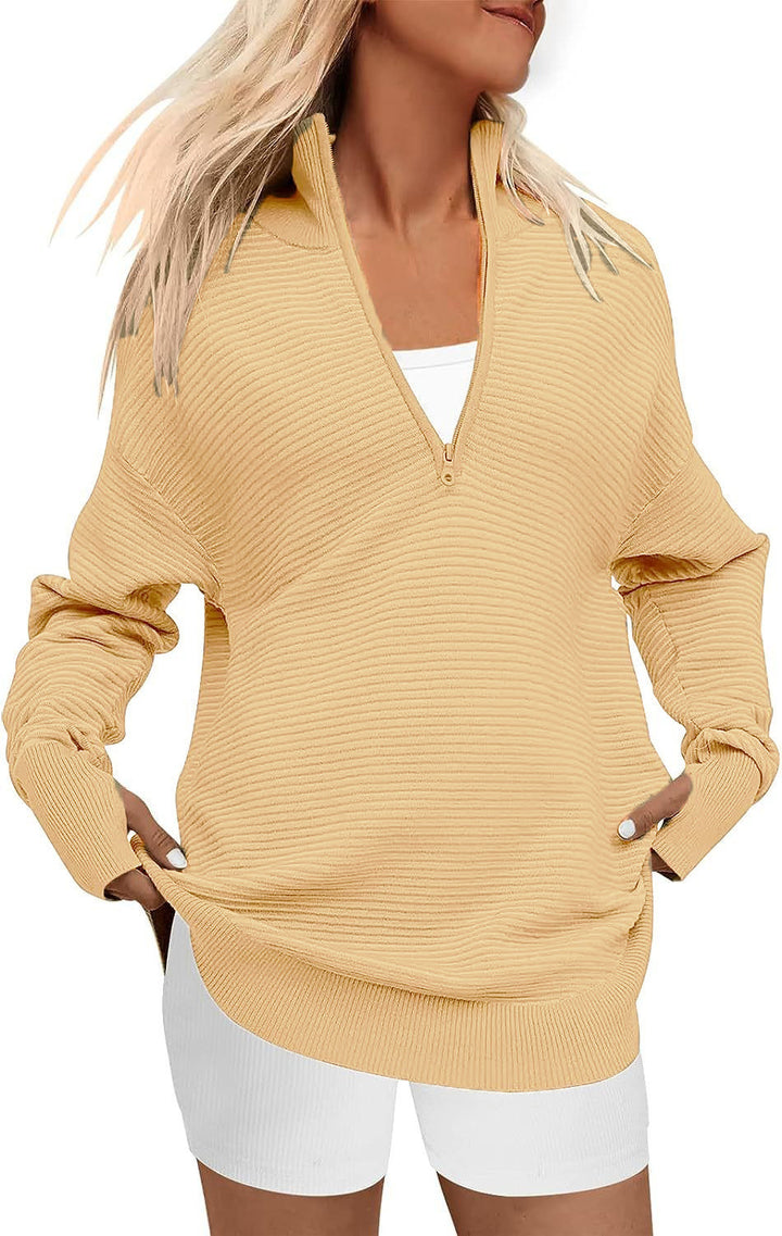 Damen Oversize-Feinstrickpullover mit halbem Reißverschluss, Stehkrragen und Daumenloch-Ärmeln Drune