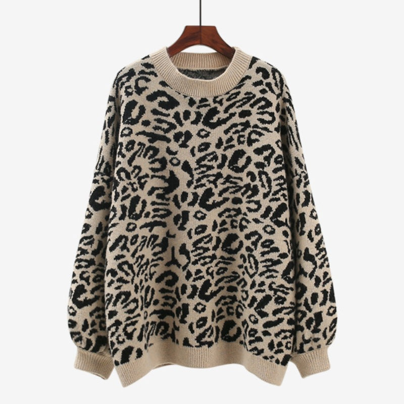 Damen Oversized Strickpullover mit Leopardenmuster und weichem Material Drune