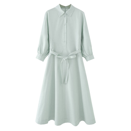 Damen Hemdblusenkleid mit ausgestellt-gebogtem Rock, 3/4-Ärmeln und Taillengürtel Drune