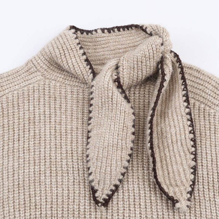 Damen Kurzgeschnittener Rippstrick-Pullover mit Hochkragen und integrierter Knoten-Schal Drune