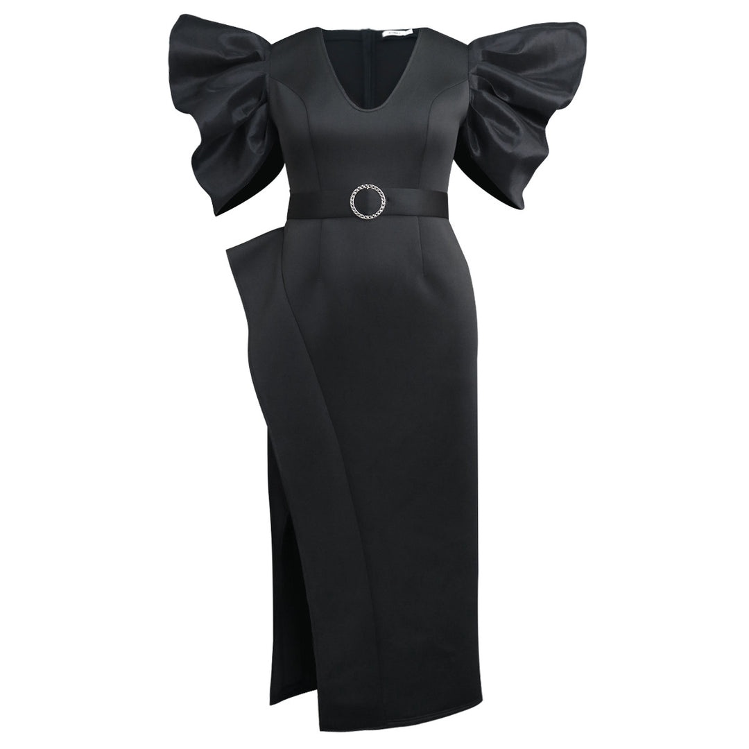 Damen Elegantes Abendkleid mit voluminösen Puffärmeln und einem stilvollen Gürtel Drune