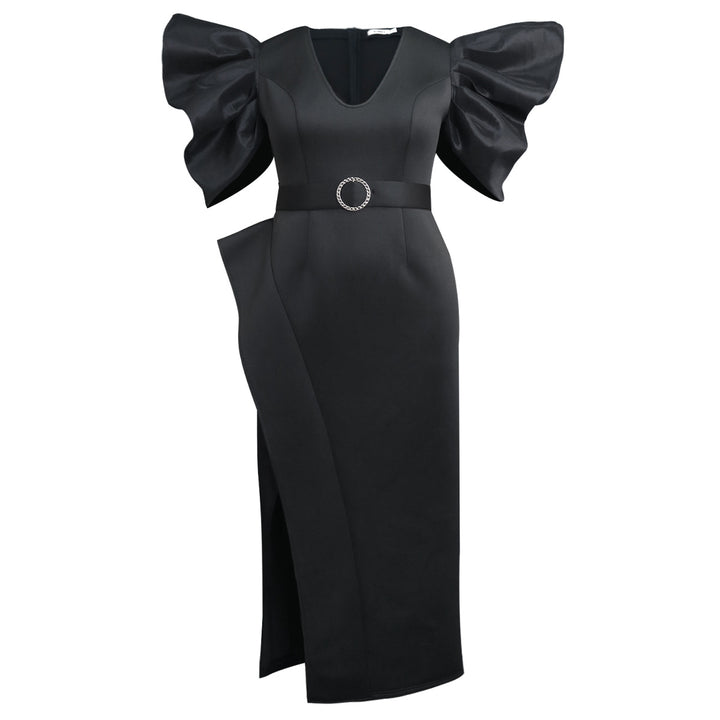 Damen elegantes Abendkleid mit voluminösen Puffärmeln und tailliertem Gürtel Drune