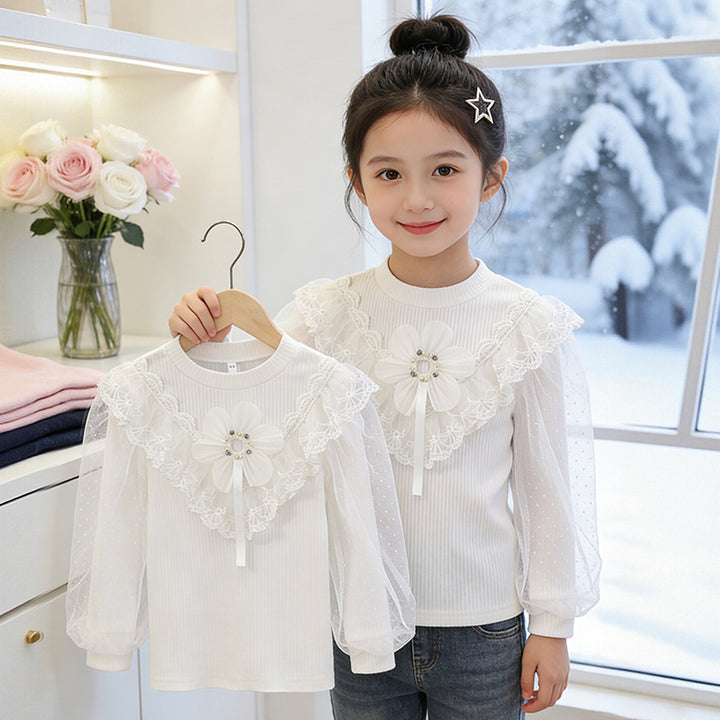 Mädchen elegante Bluse mit floralen Applikationen und transparenter Spitze Drune