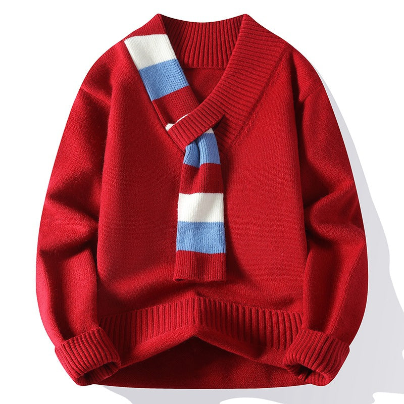 Herren V-Ausschnitt Strickpullover mit integriertem Kontraststreifen-Schal und gerippten Bündchen Drune