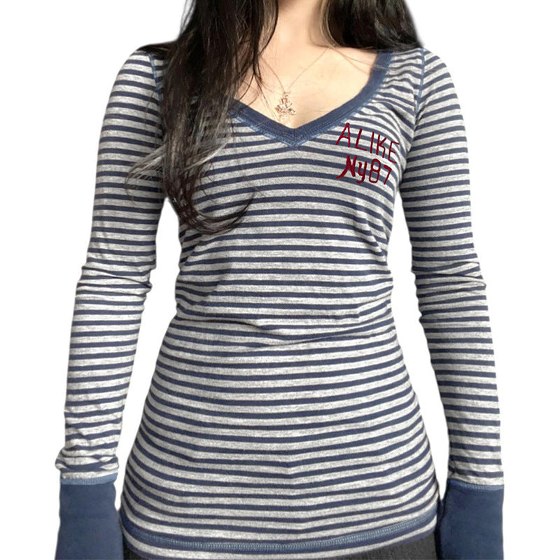Damen nan gestreiftes V‑Ausschnitt Longsleeve mit taillierter Silhouette und verlängerten Bündchen Drune