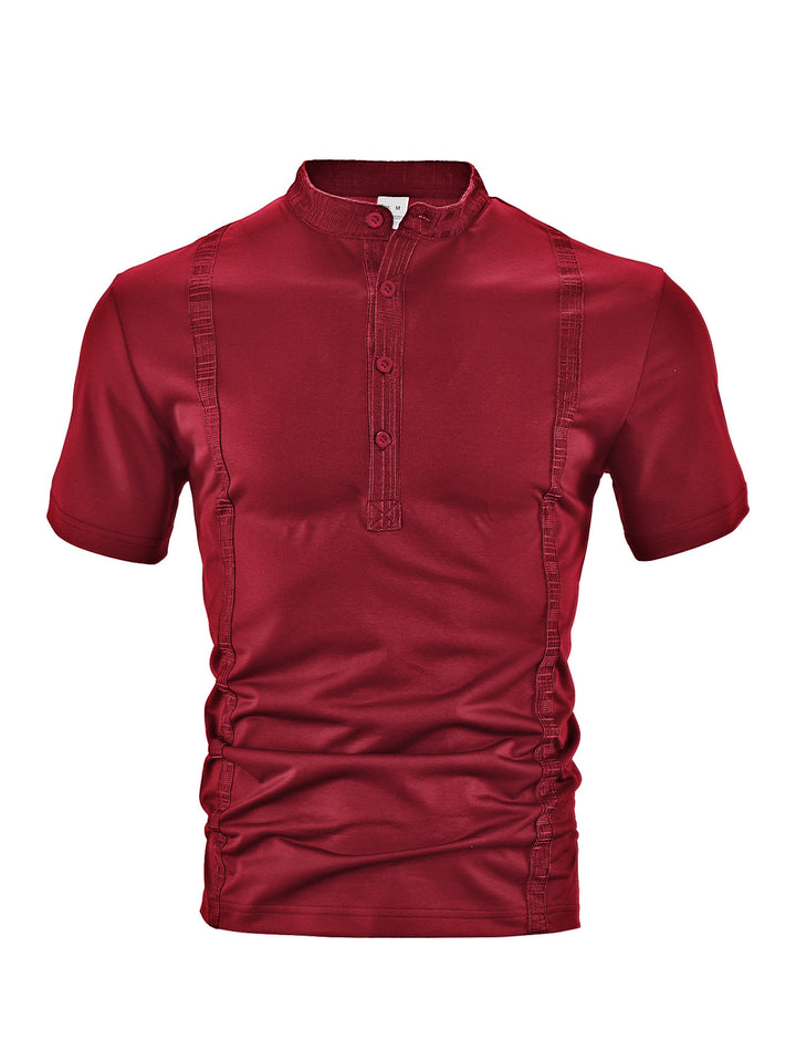 Herren nan Kurzarm-Stehkragenshirt mit verdeckter Knopfleiste, Zierpaspeln und figurbetonter Silhouette Drune