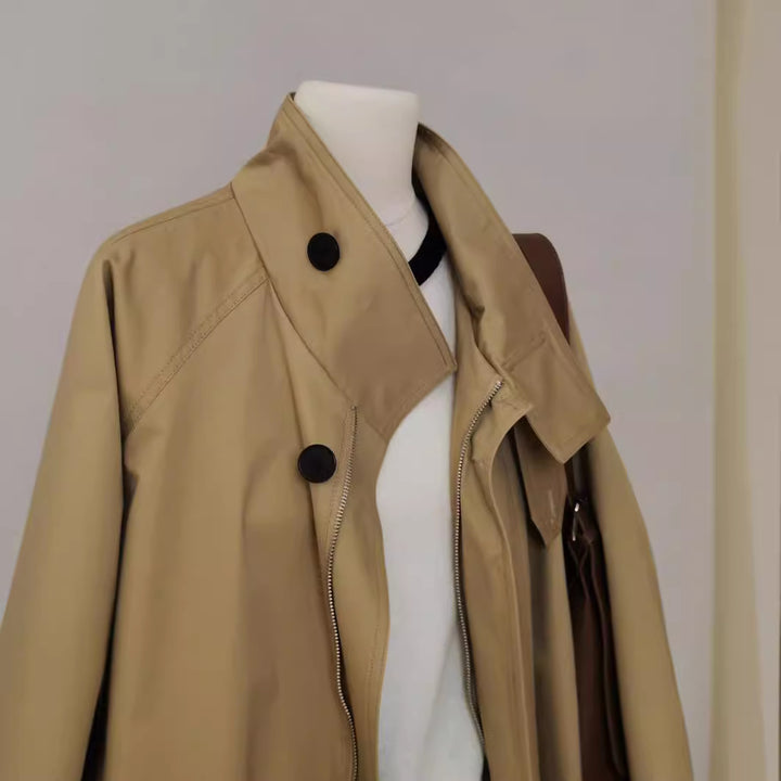 Damen Trench-inspirierte Kurzjacke mit Oversize-Silhouette, Stehkragen und verdecktem Reißverschluss Drune
