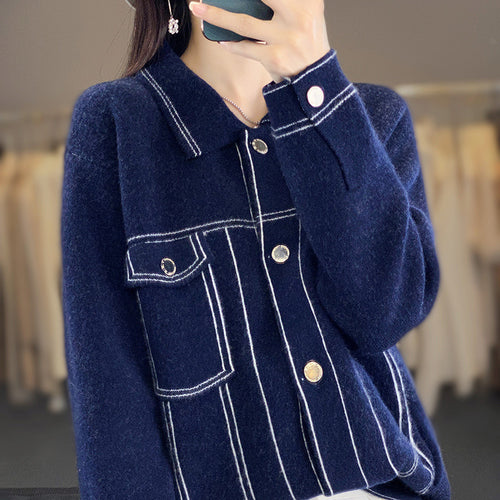 Damen Oversize-Strickjacke im Jeansjacken‑Look mit kontrastierenden Nahtdetails und Brusttasche Drune