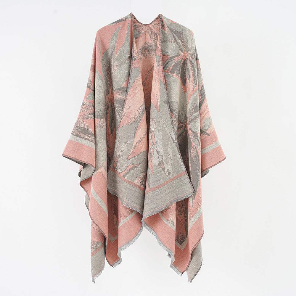 Damen Jacquard-Überwurfponcho mit floral-abstrakter Webstruktur und weichfallendem Oversize-Cape Drune