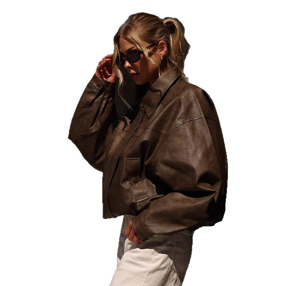 Damen Boxy Cropped Lederimitat‑Blouson mit Oversize‑Schulter Drune
