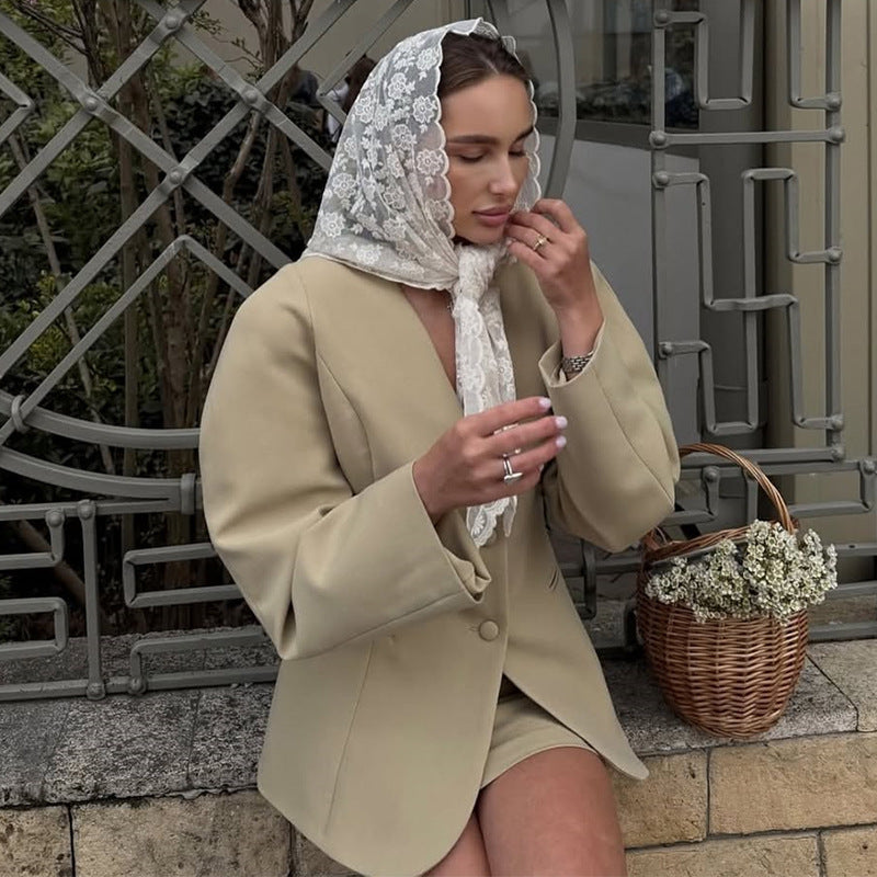 Damen modisches Blazer-Kleid mit hochgeschlossenem Kragen und Rüschendetails Drune