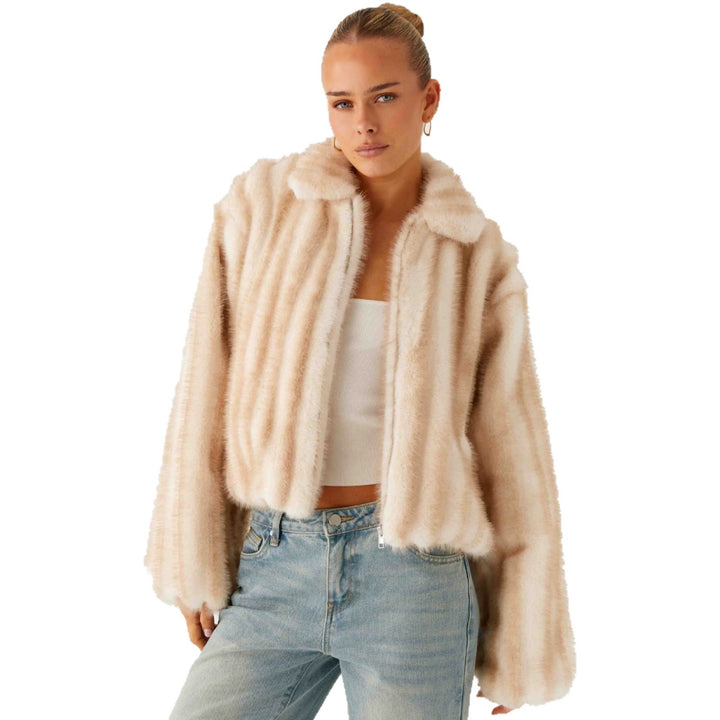 Damen Kurzjacke aus luxuriösem Hochflor-Kunstpelz mit Reißverschluss und voluminösen Ärmeln Drune