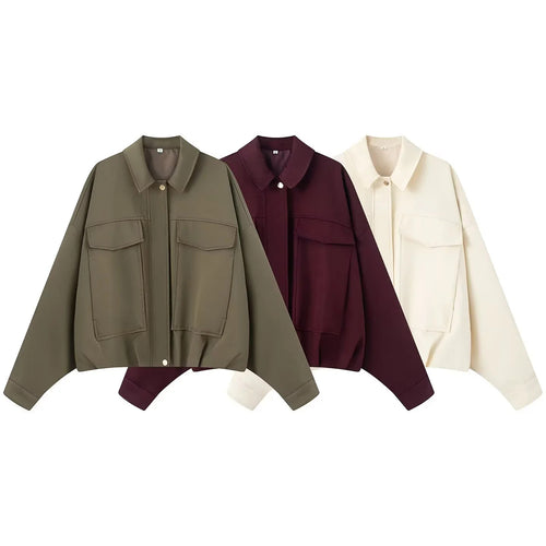 Damen nan cropped Overshirt-Jacke mit überlanger Ärmelpartie, großen Pattentaschen und verdeckter Druckknopfleiste Drune