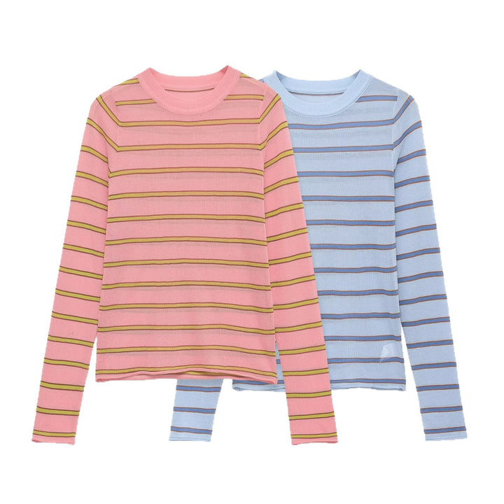Damen Feinstrick-Pullover im Slim-Fit mit Rundhals und horizontalen Kontraststreifen Drune