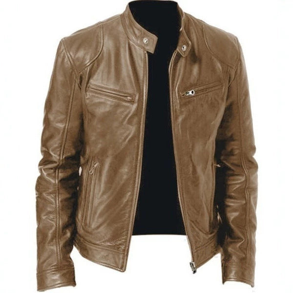 Herren nan vintage-inspirierte Lederjacke im Bikerstil mit Stehkragen und sichtbaren Reißverschlüssen Drune