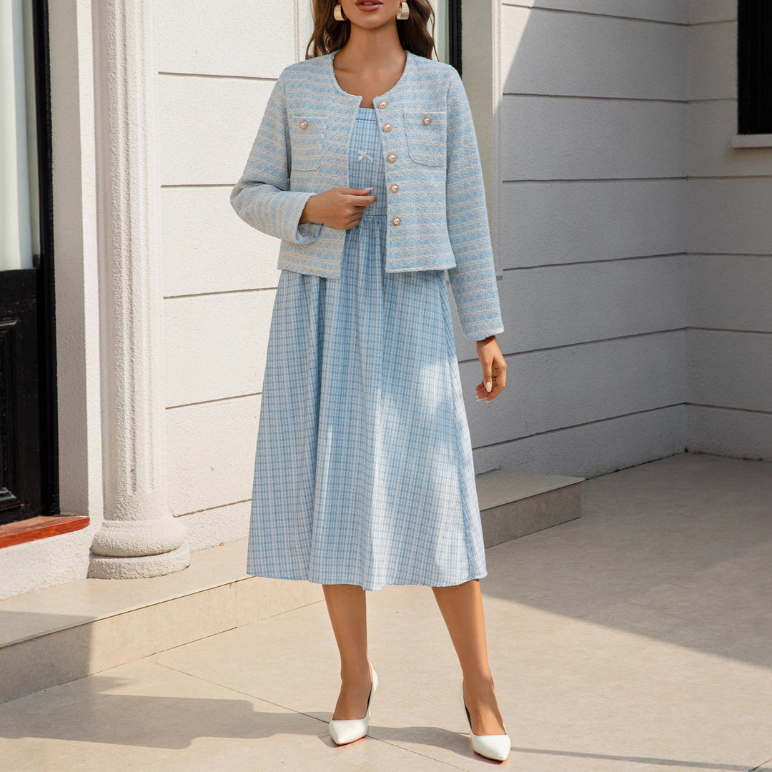 Damen Zweiteiliges Bouclé-Jacken-Set mit tailliertem Gingham-Midikleid Drune