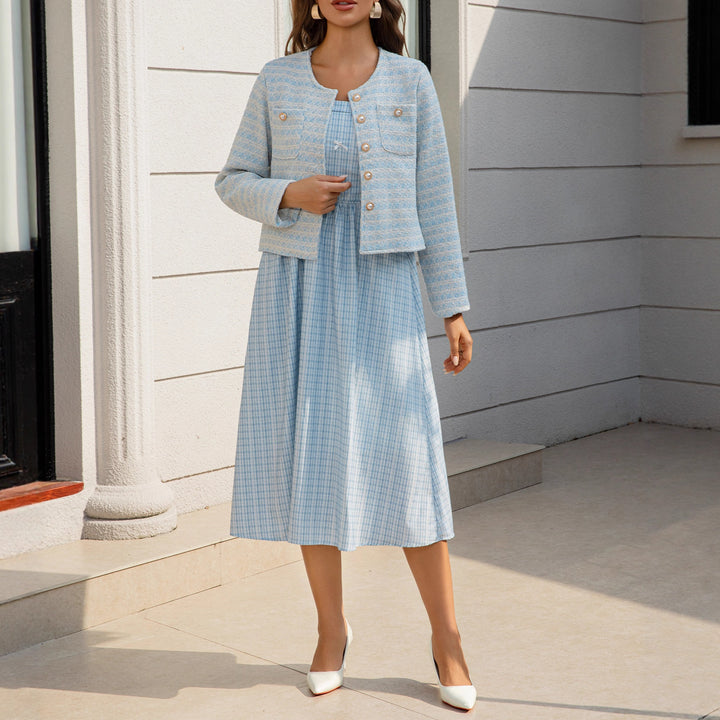Damen Zweiteiliges Bouclé-Jacken-Set mit tailliertem Gingham-Midikleid Drune