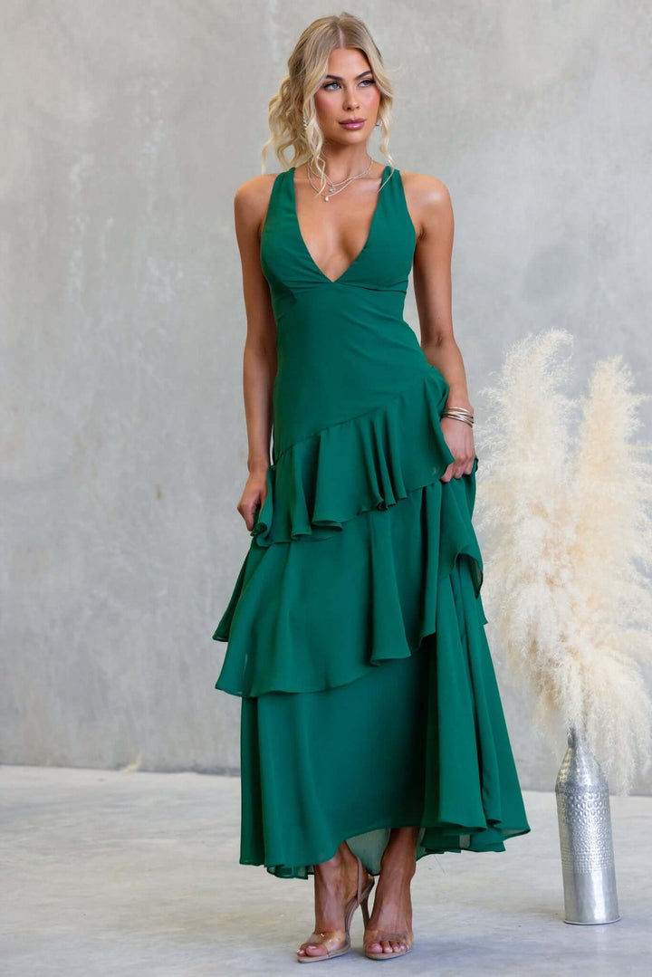 Damen Maxikleid mit verführerischen Rüschenschichten und tiefem V-Ausschnitt Drune