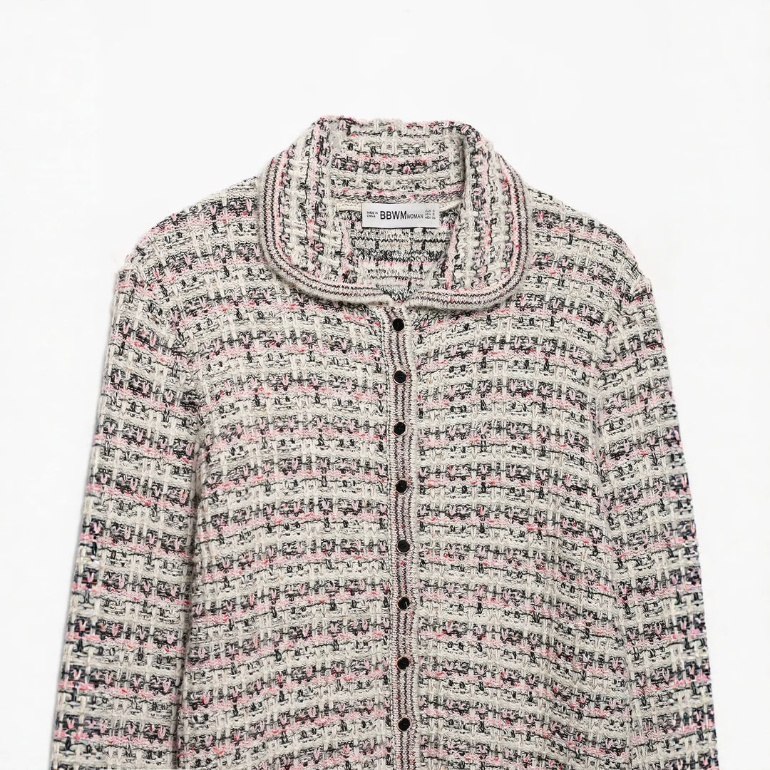 Damen Tweed-Cardigan mit Rundkragen, durchgehender Knopfleiste und Fransenabschlüssen Drune