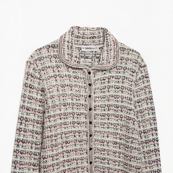 Damen Tweed-Cardigan mit Rundkragen, durchgehender Knopfleiste und Fransenabschlüssen Drune