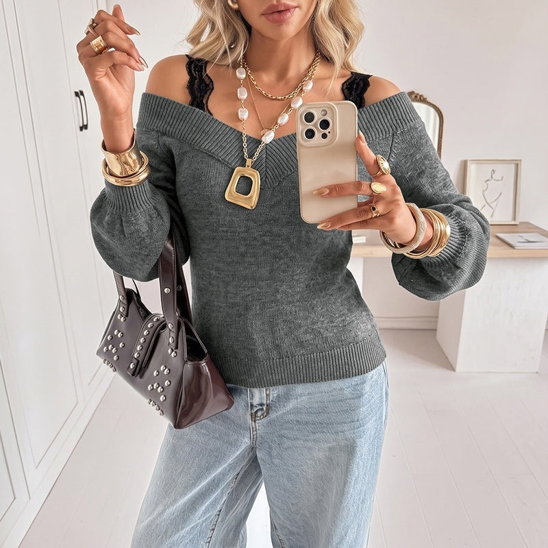 Damen Eleganter Off-Shoulder Pullover Drune