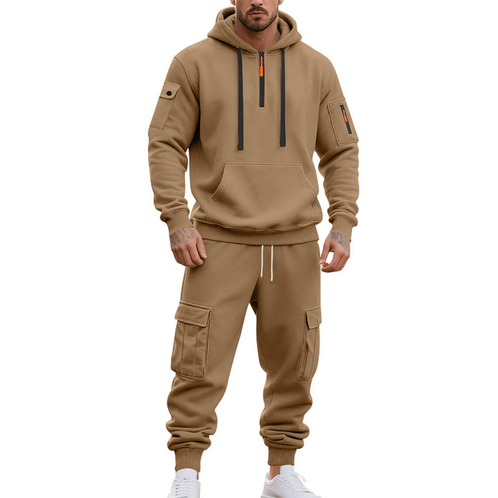 Herren nan zweiteiliges Utility-Freizeitset Hoodie mit halbhohem Reißverschluss, Ärmeltasche und Cargo-Jogginghose mit Klappentaschen Drune