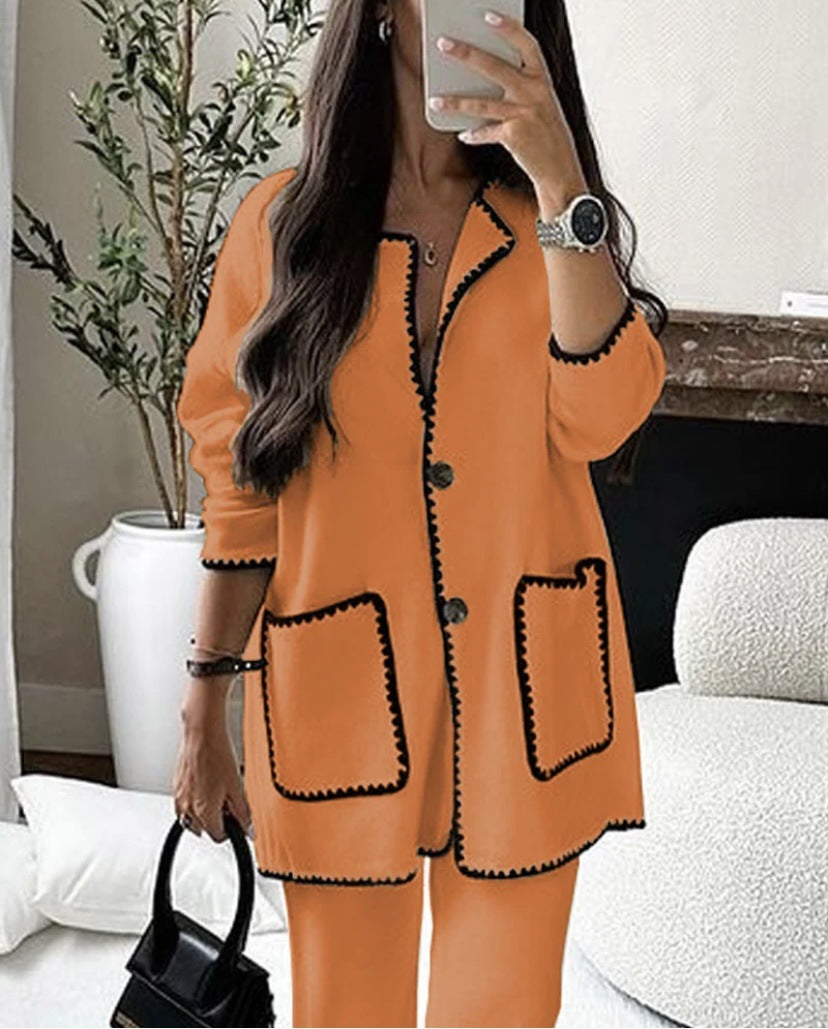 Damen Longline-Strickset mit kontrastbesetzter Strickjacke und weitem Palazzo-Hosen Drune