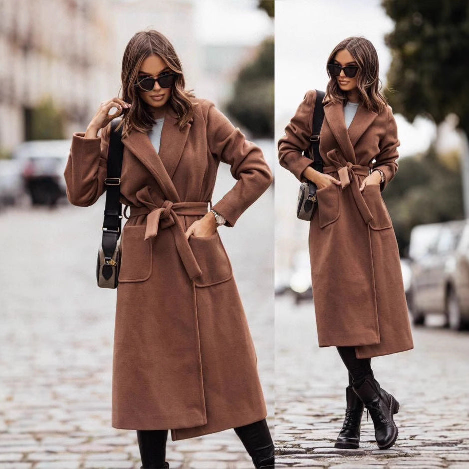 Damen Eleganter Wickel-Mantel mit praktischen Taschen und taillierbarem Gürtel Drune