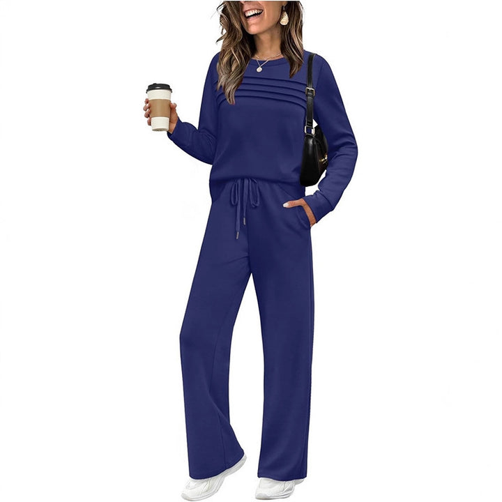 Damen Zweiteiliges Lounge-Set mit Plissee-Detail, Rundhals-Sweatshirt und weitem Kordel-Hose Drune