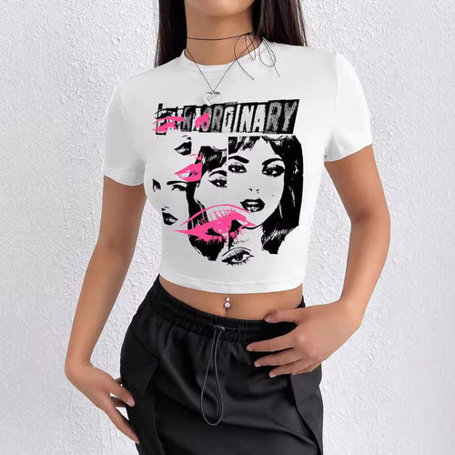 Damen Crop-T-Shirt mit inspirierendem Aufdruck und figurbetontem Schnitt Drune