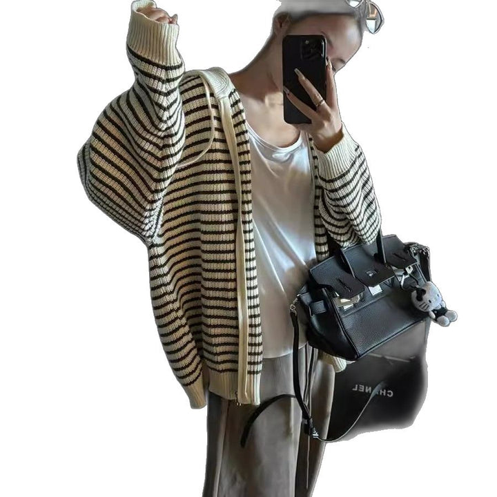 Damen lässige Strickjacke mit Kapuze und Streifenmuster Drune