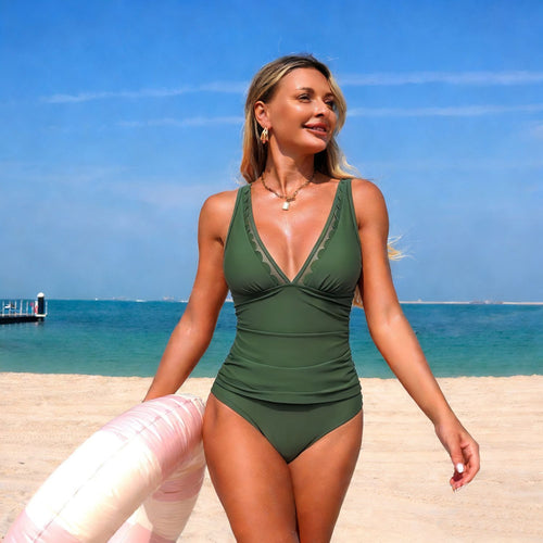 Damen Eleganter Hochtaillierter Einteiler Badeanzug mit modischen Cut-Out-Details Drune