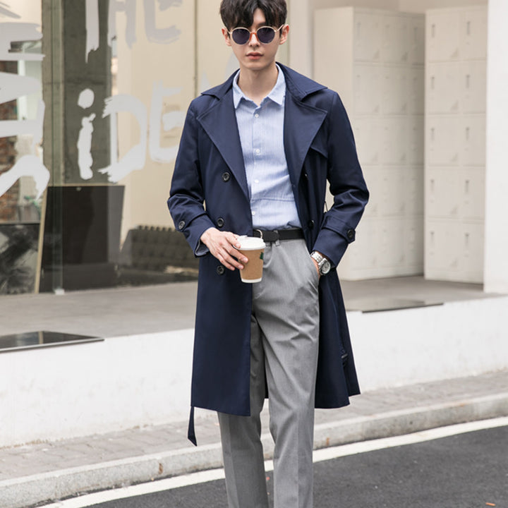 Herren Eleganter taillierter Trenchcoat mit doppelter Knopfleiste und Bindegürtel Drune