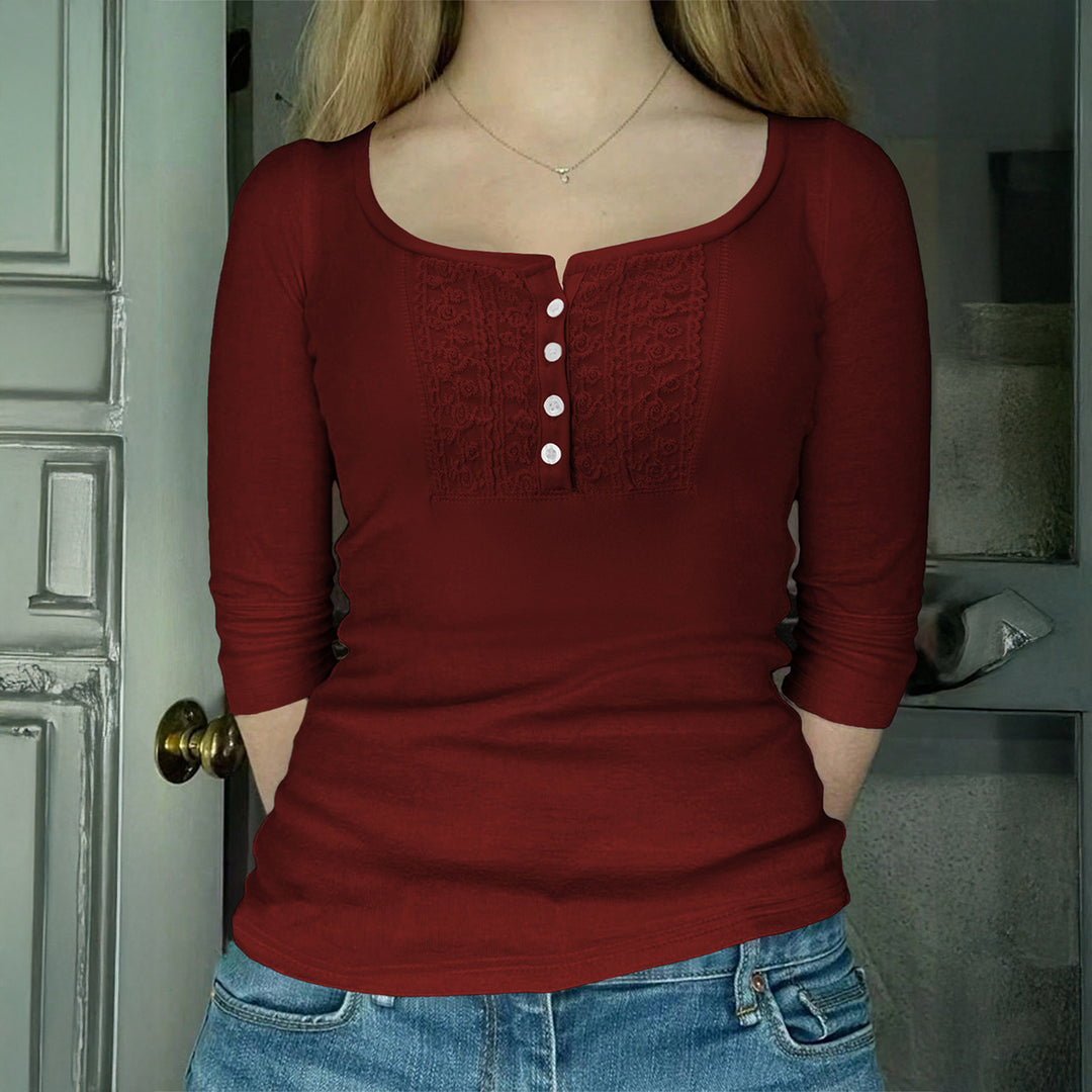 Damen nan tailliertes Langarmshirt mit quadratischem Ausschnitt, Knopfleiste und feiner Spitzenblende Drune