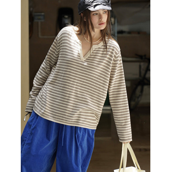 Damen Gestreiftes Oversize-Langarmshirt mit V-Ausschnitt und lässiger Silhouette Drune