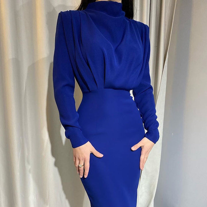 Damen nan elegantes Midikleid mit Drapierter Wasserfall-Front, taillierter Bleistift-Silhouette und langen Ärmeln Drune