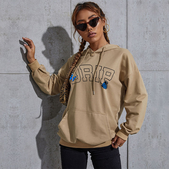 Damen Oversize-Kapuzenpullover mit Kängurutasche und Schmetterling-Stickerei Drune