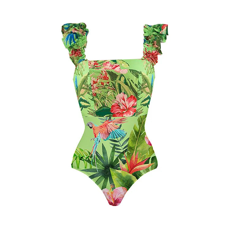 Damen Einteiler Badeanzug mit floralem Muster und Rüschendetails Drune