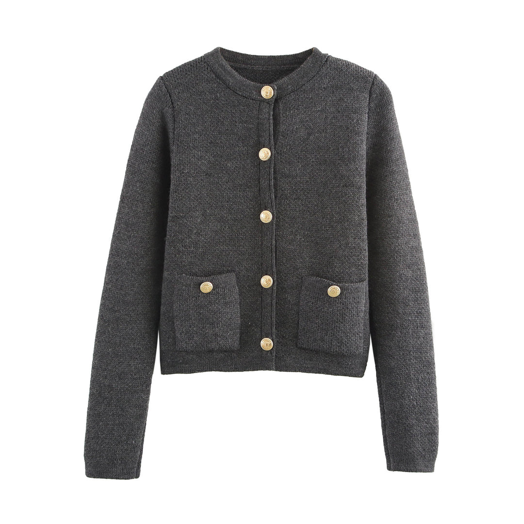 Damen Kurzgeschnittener Bouclé-Cardigan mit Rundhals, Pattentaschen und Münzknöpfen Drune