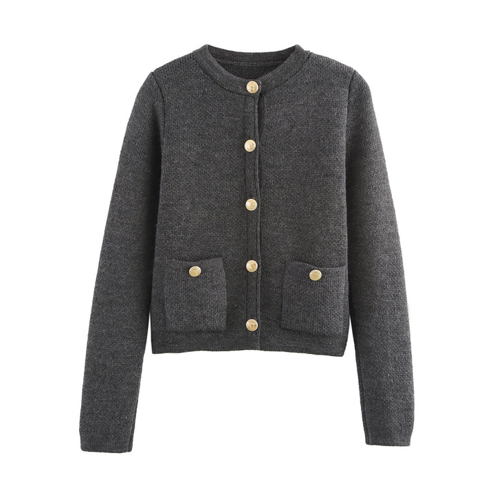 Damen Kurzgeschnittener Bouclé-Cardigan mit Rundhals, Pattentaschen und Münzknöpfen Drune