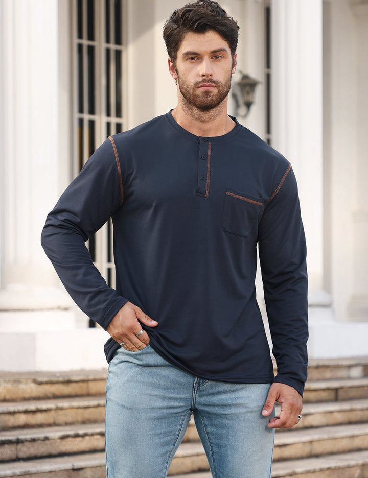Herren nan Langarmshirt mit kurzer Knopfleiste Brusttasche und kontrastierenden Ziernähten Drune