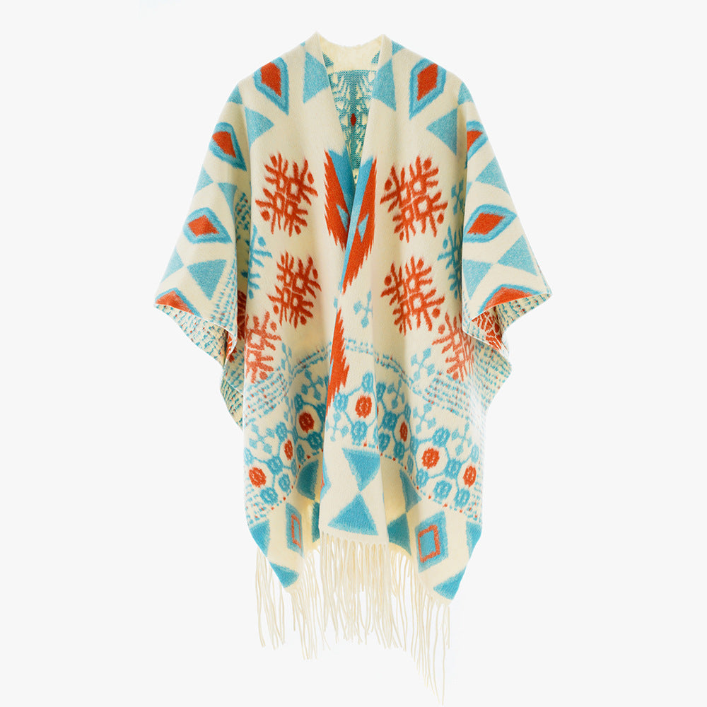 Damen Jacquard Überwurfcape aus feinem Strick mit Paisley-Bordüre Drune
