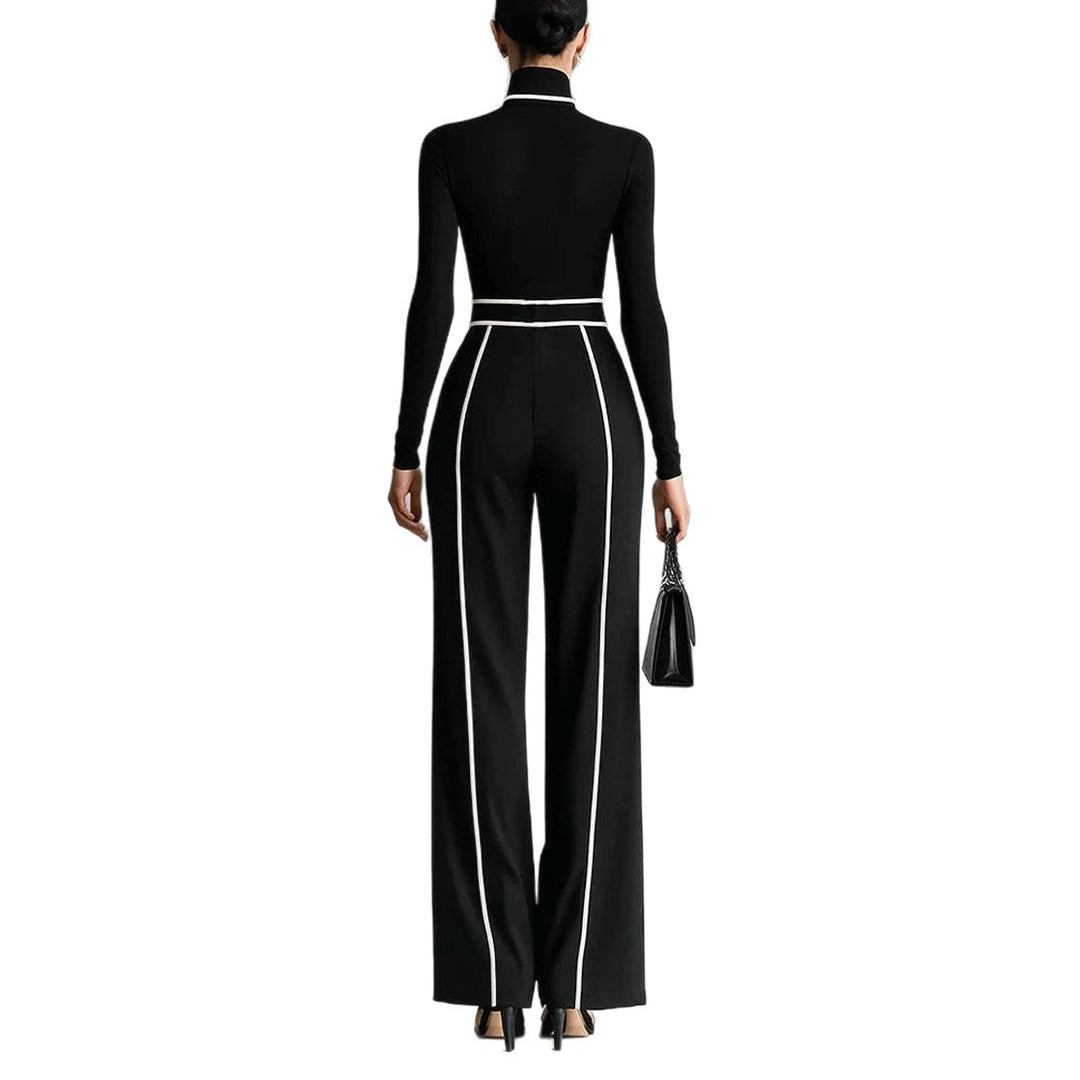 Damen nan elegantes Strickset mit tailliertem Rollkragenoberteil und weiter Plisseehose mit Taillengürtel Drune