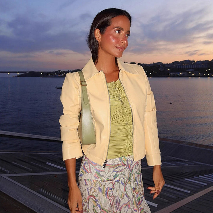 Damen modische Kurzjacke mit Stehkragen und Zipper Drune