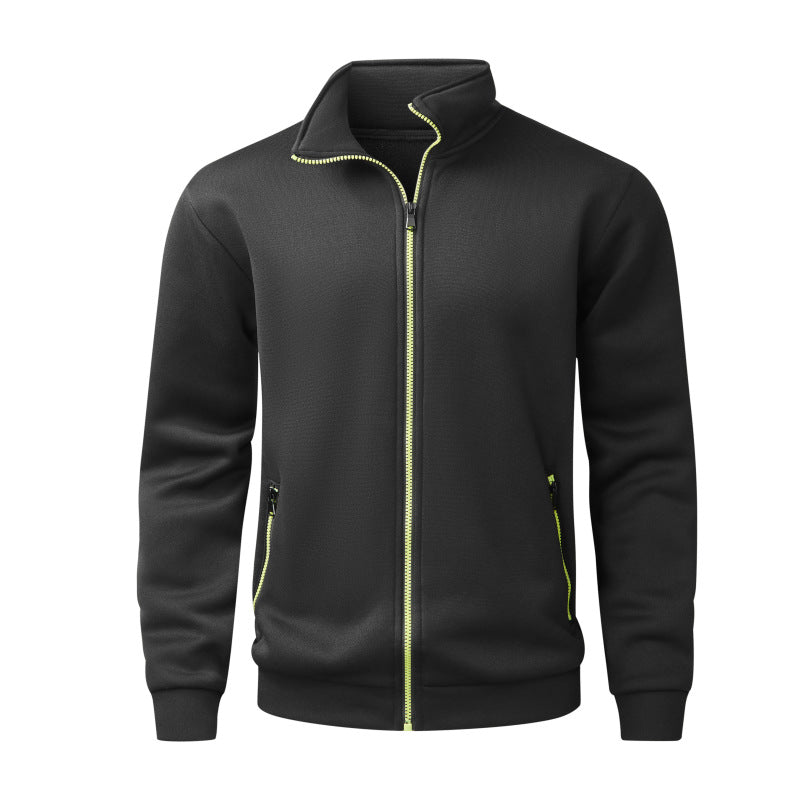Herren Fleece-Strickjacke mit durchgehendem Reißverschluss, Stehkragen & Neon-Kontrastdetails Drune