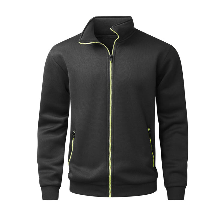 Herren Fleece-Strickjacke mit durchgehendem Reißverschluss, Stehkragen & Neon-Kontrastdetails Drune