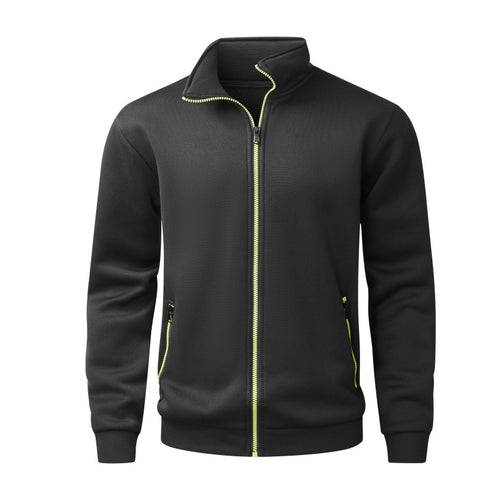 Herren Fleece-Strickjacke mit durchgehendem Reißverschluss, Stehkragen & Neon-Kontrastdetails Drune
