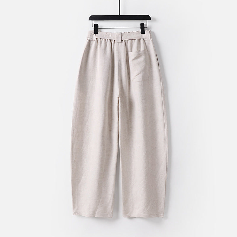 Damen Hochgeschnittene weite Leinenmix-Hose mit Bundfalten und Stoffgürtel Drune